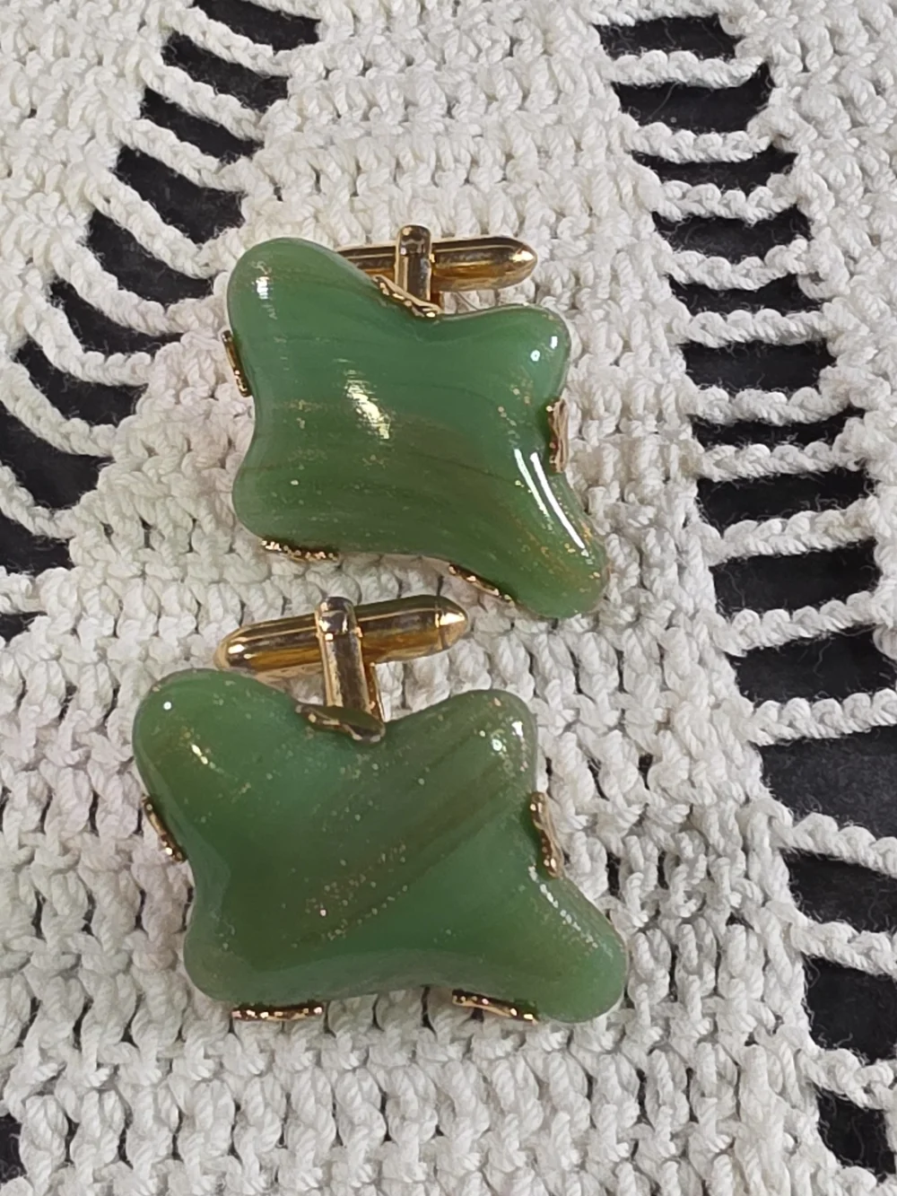 Vtg Swank Cufflink~Murano Chrystal Jade Green~Gold Striations Biomorphic~MCM